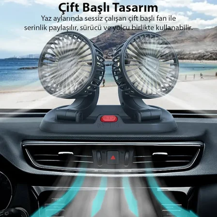 Northcity Ally F410 USB Çift Başlıklı Araç Fanı ve Numaratör – Sessiz Oto Vantilatör