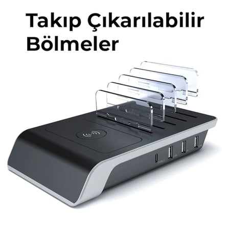 Northcity 10W Kablosuz Şarj Standı & 5'li Organizer - Çoklu USB+Type-C
