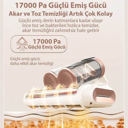 Northcity Ezere DustAway 17000Pa Güçlü Kablosuz Akar ve Toz UV Işıklı Yatak ve Koltuk Temizleyici