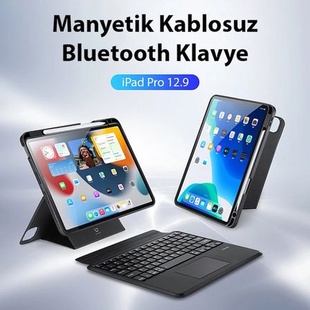 Northcity iPad Pro 12.9 DK Series Kablosuz Bluetooth Klavye ve Touchpad Kılıf - Siyah PU/TPU