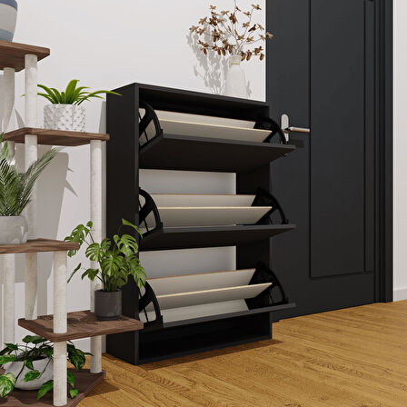 Düşer Kapak Ayakkabılık Kayar Raflı Ayakkabılık 3 Bölmeli