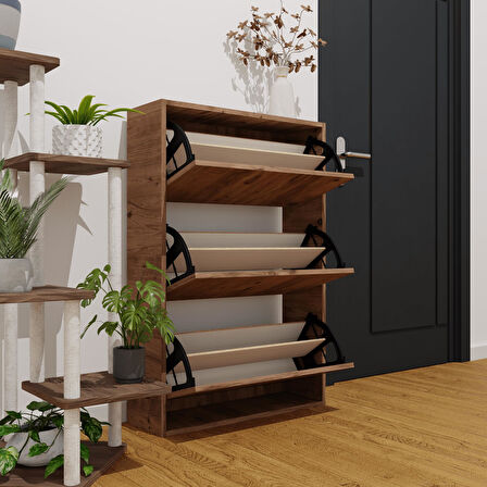 Düşer Kapak Ayakkabılık Kayar Raflı Ayakkabılık 3 Bölmeli