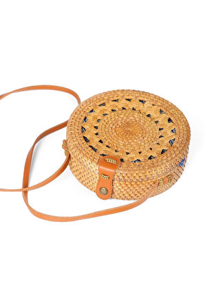 Daisy- Rattan El Yapımı Deri Askılı Hasır Yuvarlak Omuz Çantası