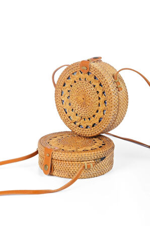 Daisy- Rattan El Yapımı Deri Askılı Hasır Yuvarlak Omuz Çantası