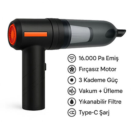 16.000 Pa Güçlü Emişli Kablosuz Mini Süpürge – Vakum ve Üfleme, Fırçasız Motor, 3 Kademe Güç, Type-C Şarj, Yıkanabilir Filtre"