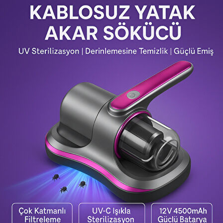 Kablosuz Yatak Akar Sökücü | UV-C Işık, HEPA Filtre, Güçlü Emiş, 4500mAh Batarya