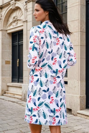 Ekru, Tropikal Desenli, Uzun Kollu, Kimono Ceket