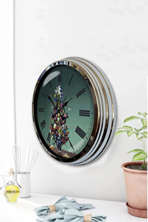 Hediyelik Dekoratif 40 Cm Krom Metal Vazolu Çiçek Duvar Saati