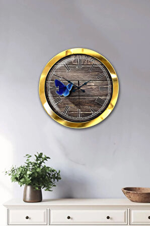 Hediyelik 36 Cm Gold Metal Kelebek Duvar Saati