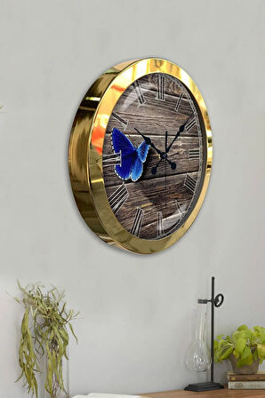Hediyelik 36 Cm Gold Metal Kelebek Duvar Saati