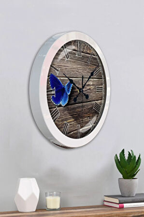 Hediyelik 36 Cm Beyaz Metal Kelebek Duvar Saati
