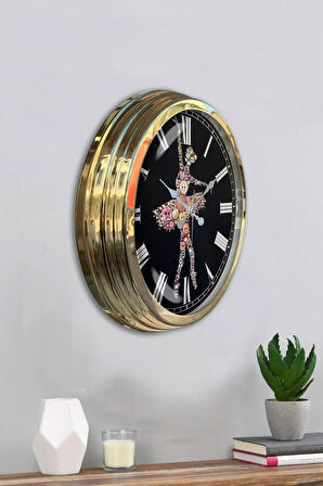 Hediyelik 40 Cm Gold Metal Balerin Duvar Saati