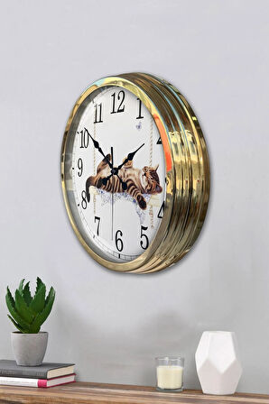 Hediyelik 40 Cm Gold Metal Cat Duvar Saati