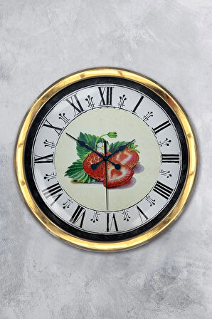 Hediyelik 40 Cm Gold Metal Çilek Duvar Saati