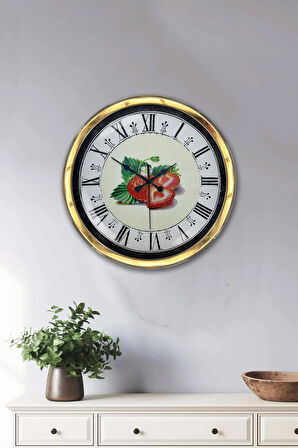 Hediyelik 40 Cm Gold Metal Çilek Duvar Saati