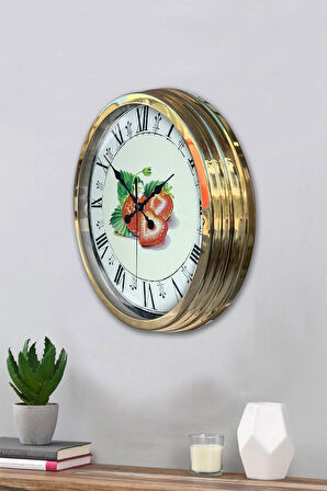 Hediyelik 40 Cm Gold Metal Çilek Duvar Saati