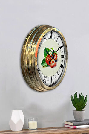 Hediyelik 40 Cm Gold Metal Çilek Duvar Saati