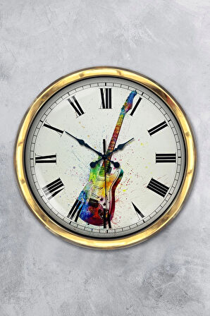Hediyelik 40 Cm Gold Metal Gitar Duvar Saati Clock