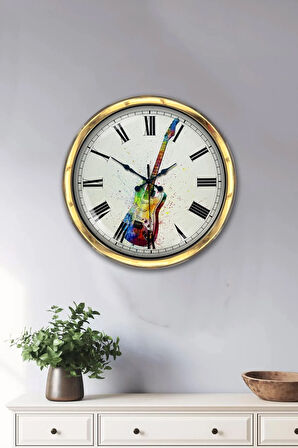 Hediyelik 40 Cm Gold Metal Gitar Duvar Saati Clock