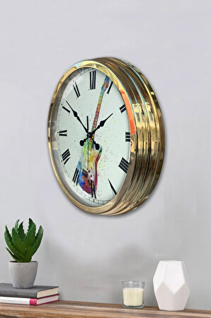 Hediyelik 40 Cm Gold Metal Gitar Duvar Saati Clock