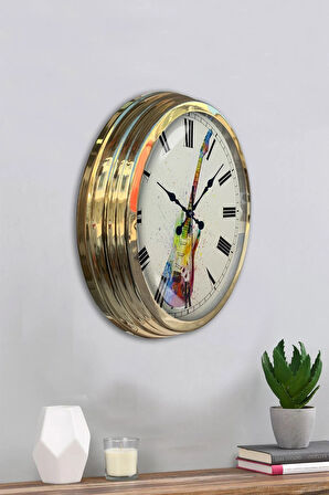 Hediyelik 40 Cm Gold Metal Gitar Duvar Saati Clock