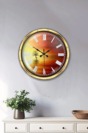 Hediyelik 40 Cm Gold Metal Gün Batımı Duvar Saati Clock