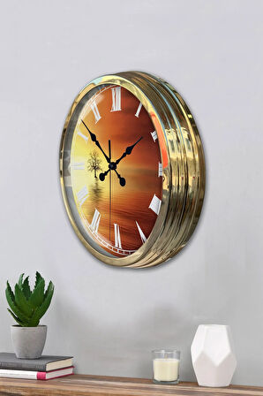 Hediyelik 40 Cm Gold Metal Gün Batımı Duvar Saati Clock