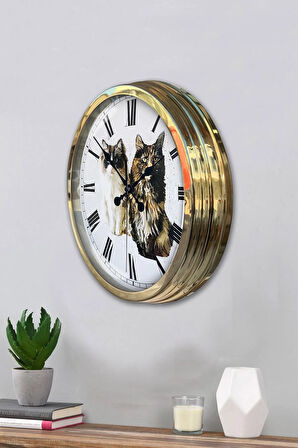 Hediyelik 40 Cm Gold Metal Kedi Duvar Saati