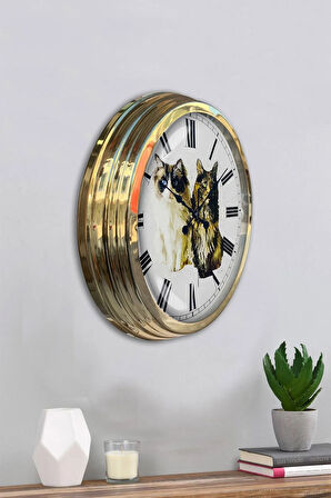 Hediyelik 40 Cm Gold Metal Kedi Duvar Saati