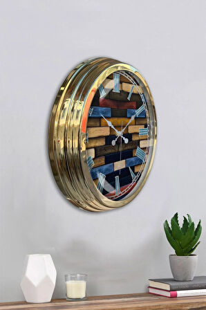 Hediyelik 40 Cm Gold Metal Wood Duvar Saati