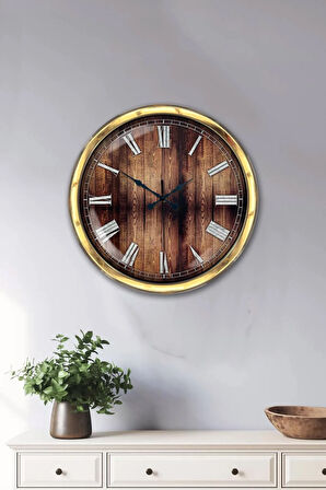 Hediyelik 40 Cm Gold Metal Wood Duvar Saati