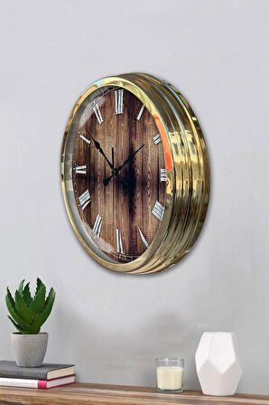 Hediyelik 40 Cm Gold Metal Wood Duvar Saati