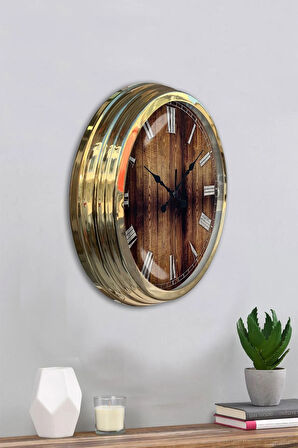 Hediyelik 40 Cm Gold Metal Wood Duvar Saati