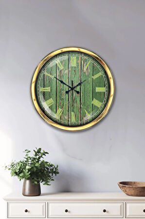 40 Cm Gold Metal Yeşil Desen Duvar Saati