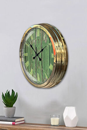 40 Cm Gold Metal Yeşil Desen Duvar Saati