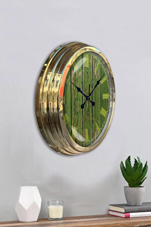 40 Cm Gold Metal Yeşil Desen Duvar Saati