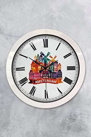36 Cm Beyaz Metal Amsterdam Temalı Duvar Saati