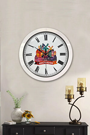 36 Cm Beyaz Metal Amsterdam Temalı Duvar Saati