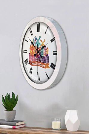 36 Cm Beyaz Metal Amsterdam Temalı Duvar Saati