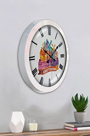 36 Cm Beyaz Metal Amsterdam Temalı Duvar Saati