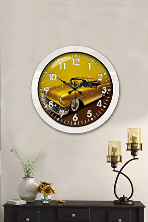 36 Cm Beyaz Metal Araba Galeri Duvar Saati