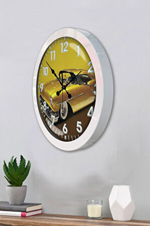 36 Cm Beyaz Metal Araba Galeri Duvar Saati