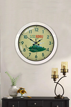 36 Cm Beyaz Metal Çevre Temalı Duvar Saati