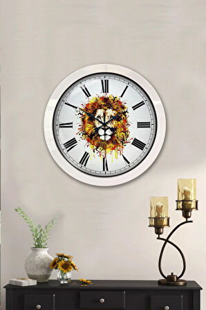 36 Cm Beyaz Metal Aslan Temalı Duvar Saati