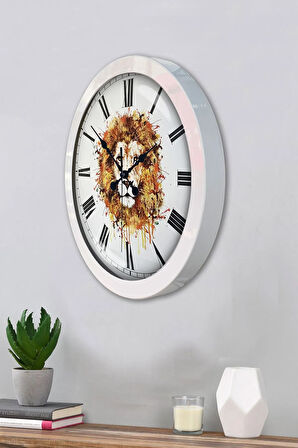 36 Cm Beyaz Metal Aslan Temalı Duvar Saati