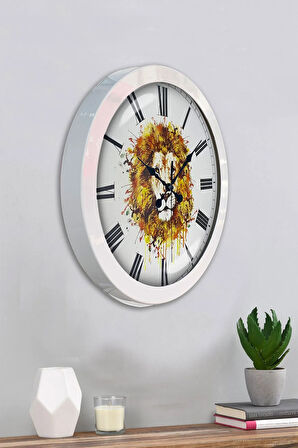 36 Cm Beyaz Metal Aslan Temalı Duvar Saati