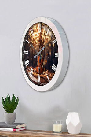 Hediyelik 36 Cm Beyaz Metal Çello Duvar Saati