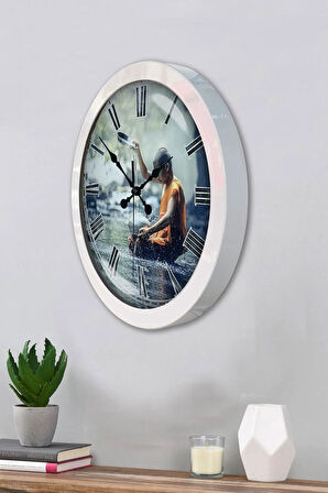 36 Cm Beyaz Metal Doğal Yaşam Duvar Saati