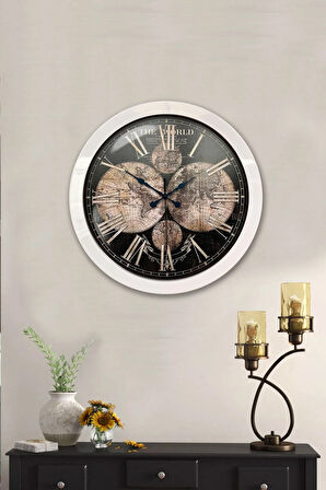36 Cm Beyaz Metal Dünya Haritası Duvar Saati