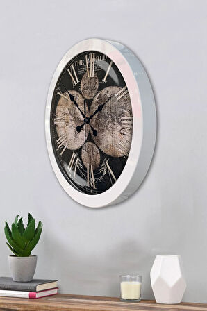 36 Cm Beyaz Metal Dünya Haritası Duvar Saati